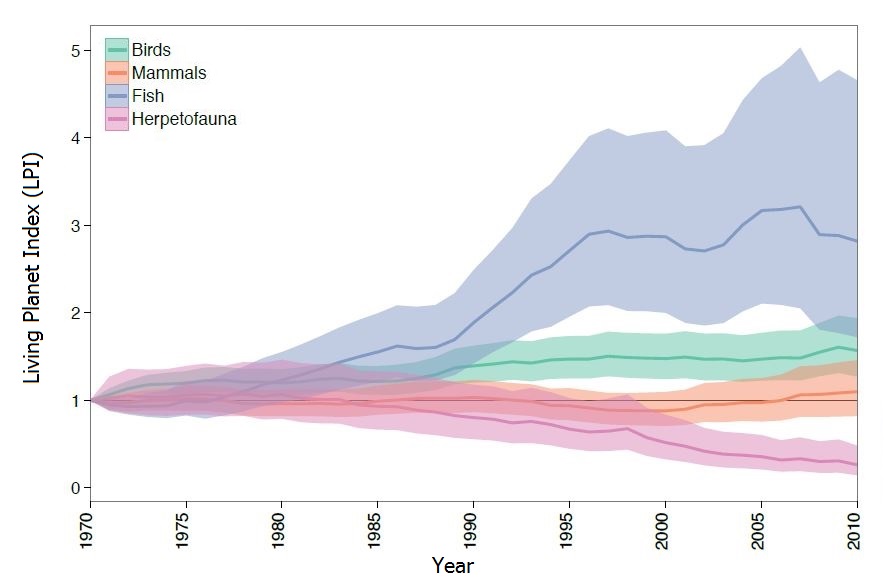 Figure 4: Living Planet Index showing trends in taxonomic classes from 1970 -2010. 